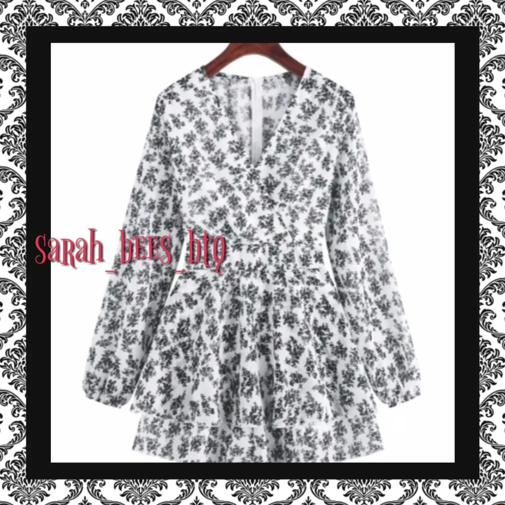Black & White Floral Wrap Romper with Ruffle Skirt - Picture 6 of 9